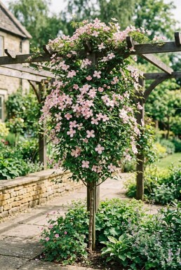 Clematis montana 'Tetrarose' am Stab